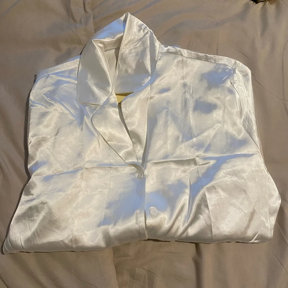 White Satin Button-Up Lounge top - Picture 2 of 2